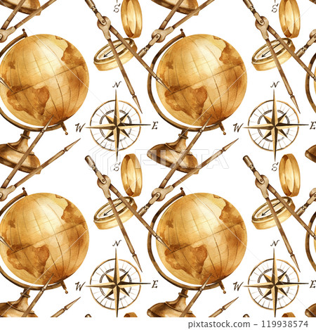 watercolor seamless pattern of vintage nautical equipment, old brown globe of earth, navigation tools, sextant, divider, sailor compass, historical illustration, for adventure posters 119938574
