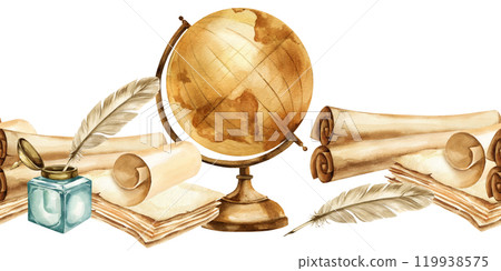 watercolor vintage antique globe of earth, seamless border with textured beige paper map, feather quill and glass inkwell, illustration parchments with navigation and study tools watercolor vintage antique globe of earth, seamless border with textured beige paper map, feather quill and glass inkwell, illustration parchments with navigation and study tools 119938575