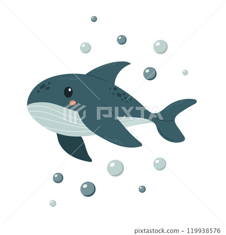 Delightful illustration of a cute shark in kawaii style, exuding charm with its big, bright eyes and cheerful expression. Ideal for childrens products, ocean-themed projects, and fun graphic designs Delightful illustration of a cute shark in kawaii style, exuding charm with its big, bright eyes and cheerful expression. Ideal for childrens products, ocean-themed projects, and fun graphic designs 119938576