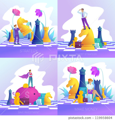 Concept of save investment, finance management and strategy. Set of flat business design. Poster or banner with people in trendy style and flower. Characters with chess figures. Vector illustration 119938604