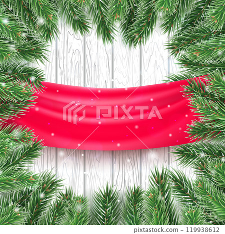 Winter sale mockup with decorations. Realistic branches of christmas tree and red banner on wooden background. Festive vector design of Christmas sale weekend. Seasonal advertising campaign. Winter sale mockup with decorations. Realistic branches of christmas tree and red banner on wooden background. Festive vector design of Christmas sale weekend. Seasonal advertising campaign. 119938612