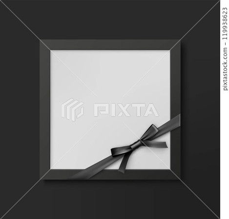 Mourning photo frame mockup with black ribbon bow. Funeral ceremony and condolence card layout. Black memorial square frame with empty place for portrait or text isolated vector illustration. 119938623