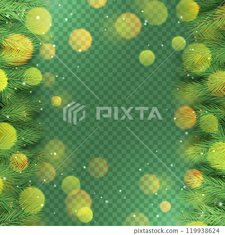 Traditional winter banner with christmas tree branches and glitter lights. Merry Christmas party invitation layout. Realistic evergreen conifer branches on transparent background vector illustration. 119938624