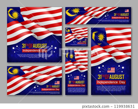 Malaysian Independence day celebration posters set. 31th of August felicitation greeting vector illustration. Realistic backgrounds with malaysian flag. Malaysian national patriotic holiday. Malaysian Independence day celebration posters set. 31th of August felicitation greeting vector illustration. Realistic backgrounds with malaysian flag. Malaysian national patriotic holiday. 119938631