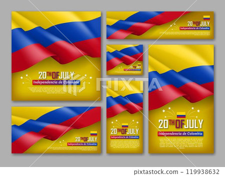 Colombian Independence day celebration posters set. 20th of July felicitation greeting vector illustration. Realistic backgrounds with colombian flag. Colombia republic national traditional holiday 119938632