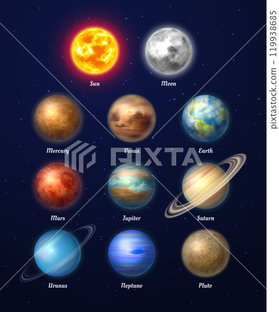 Colorful sun, moon and nine planets of solar system on deep blue space background. Galaxy discovery and exploration. Realistic planetary vector illustrations set. Astronomy and astrophysics science 119938685