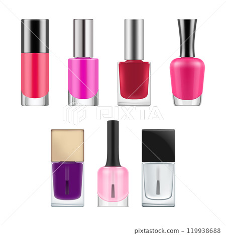 Set of realistic vector packages for nail polish. Opened transparent glass bottles with black cap and brush. Blank template of container with red and pink varnish. illustration Isolated on white Set of realistic vector packages for nail polish. Opened transparent glass bottles with black cap and brush. Blank template of container with red and pink varnish. illustration Isolated on white 119938688