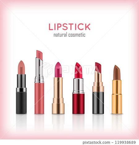 Realistic lipsticks of red, wine, pink and brown colors. Decorative cosmetic product for beauty and glossy lips. Blank template of containers. Vector illustration isolated on white Realistic lipsticks of red, wine, pink and brown colors. Decorative cosmetic product for beauty and glossy lips. Blank template of containers. Vector illustration isolated on white 119938689