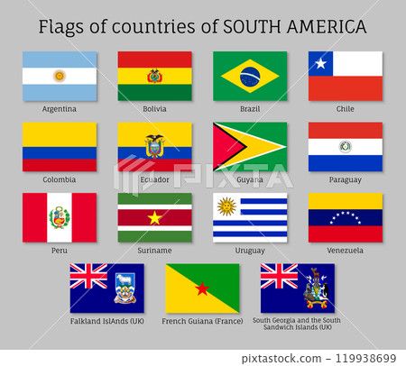 National countries flags of South America continent. Ecuador, Argentina, Bolivia, Brazil, Chile, Colombia, Guiana, Paraguay, Peru, Suriname, Uruguay, Venezuela patriotic symbols with official colors National countries flags of South America continent. Ecuador, Argentina, Bolivia, Brazil, Chile, Colombia, Guiana, Paraguay, Peru, Suriname, Uruguay, Venezuela patriotic symbols with official colors 119938699