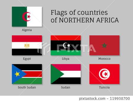 Northern Africa flag set, unique symbol for a country, identity and heritage, teaching tool, visually stimulating learning atmosphere. Flat vector illustration on white background Northern Africa flag set, unique symbol for a country, identity and heritage, teaching tool, visually stimulating learning atmosphere. Flat vector illustration on white background 119938700