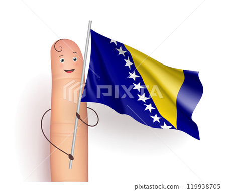 Bosnia and Herzegovina flag at finger man. Political and socio-economic concept. Honor point of country and people. Realistic vector illustration on white background 119938705