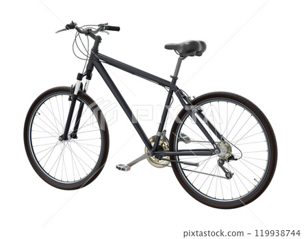 Black bicycle, side back view. Black leather saddle and handles. Png clipart isolated on transparent background 119938744