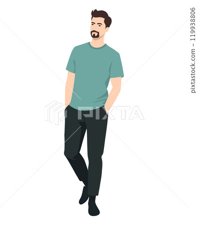 Vector illustration on a white background. A man in a light blue shirt and dark trousers, emphasizing style and sophistication. Vector illustration on a white background. A man in a light blue shirt and dark trousers, emphasizing style and sophistication. 119938806