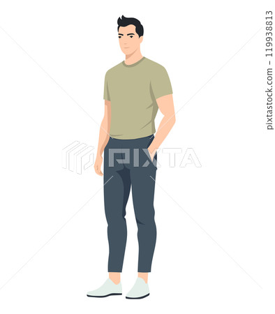 Vector illustration on a white background. A man in a light beige T-shirt and gray trousers, a relaxed pose emphasizing his confidence and style. Vector illustration on a white background. A man in a light beige T-shirt and gray trousers, a relaxed pose emphasizing his confidence and style. 119938813