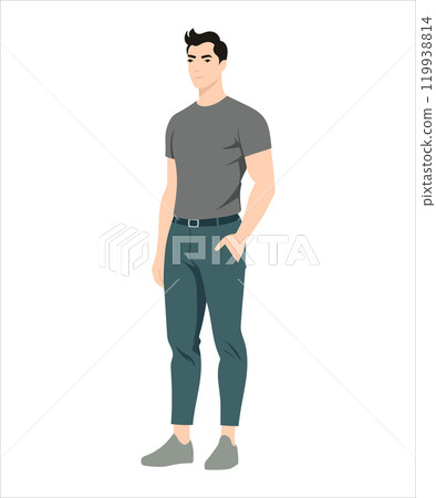 Vector illustration on a white background. A man in a gray T-shirt and dark trousers, a confident pose, hands in pockets. Vector illustration on a white background. A man in a gray T-shirt and dark trousers, a confident pose, hands in pockets. 119938814
