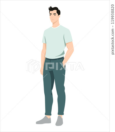 Vector illustration on a white background. A man in a green T-shirt and dark trousers, a confident pose, hands in pockets. 119938820