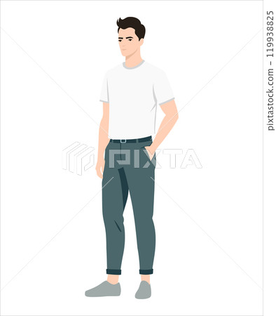 Vector illustration on a white background. A man in a white T-shirt and green pants, stands relaxed, his hands are down. Vector illustration on a white background. A man in a white T-shirt and green pants, stands relaxed, his hands are down. 119938825