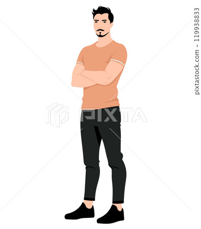 Vector illustration. A man in a soft peach-colored T-shirt and dark trousers, his arms crossed. Vector illustration. A man in a soft peach-colored T-shirt and dark trousers, his arms crossed. 119938833