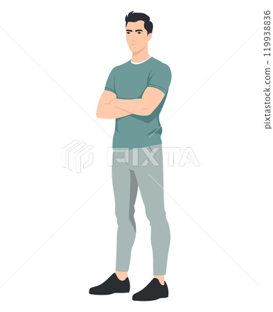 Vector illustration. Young man in a turquoise T-shirt and light gray trousers. Calm pose, arms crossed. 119938836