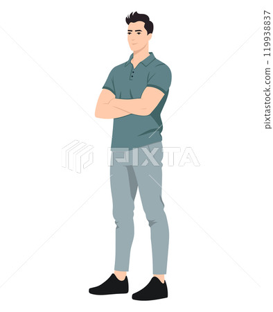 Vector illustration. Man in light blue polo shirt with short sleeves, light trousers. Standing with arms crossed. Vector illustration. Man in light blue polo shirt with short sleeves, light trousers. Standing with arms crossed. 119938837