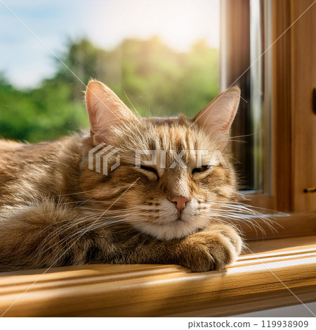 A cat looking out by the window 119938909