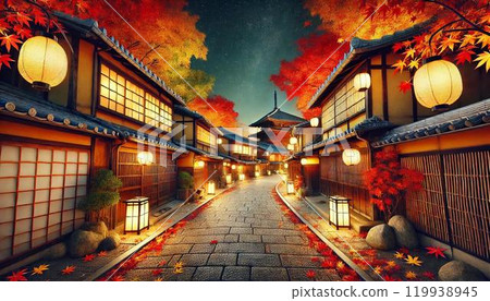 Illuminated autumn leaves and the city of Kyoto at night 119938945