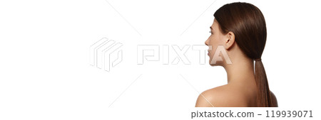 Banner. Rear view photo of well-groomed young girl with long brunette hair against white background with negative space to insert text. Banner. Rear view photo of well-groomed young girl with long brunette hair against white background with negative space to insert text. 119939071