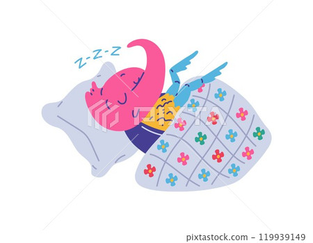 Vector illustration with a cute rhinoceros beetle character who sleeps on a pillow and blanket, Vector illustration with a cute rhinoceros beetle character who sleeps on a pillow and blanket, 119939149