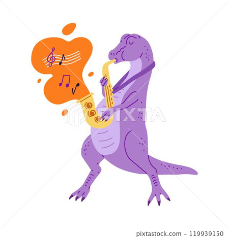 Vector illustration depicting an enthusiastic musician Tyrannosaurus rex, who plays the saxophone 119939150