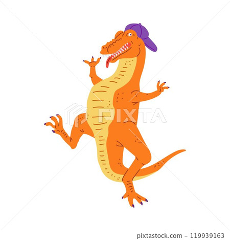 Cute dinosaur in baseball cap dancing, vector cartoon funny crocodile have fun on disco party music animal entertainment Cute dinosaur in baseball cap dancing, vector cartoon funny crocodile have fun on disco party music animal entertainment 119939163