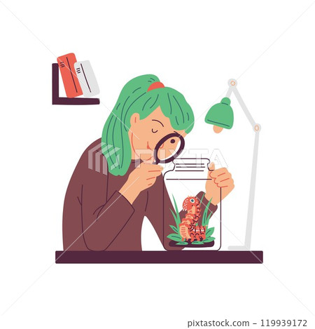 Girl looks through magnifying glass on spotted caterpillar in glass bottle, vector owner of worm insect pet doodle drawn 119939172