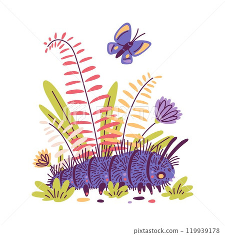 Vector illustration of a fluffy purple caterpillar on a background of flowers and plants. Vector illustration of a fluffy purple caterpillar on a background of flowers and plants. 119939178