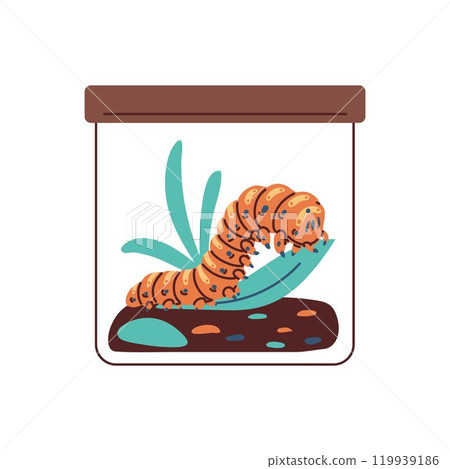 Cartoon caterpillar in glass container with lid and plant, vector cute worm insect doodle drawn exotic pet in terrarium 119939186