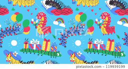 Cartoon bright vector seamless pattern with caterpillars, cute worm insect with tulips bouquet, gift boxes doodle drawn 119939199
