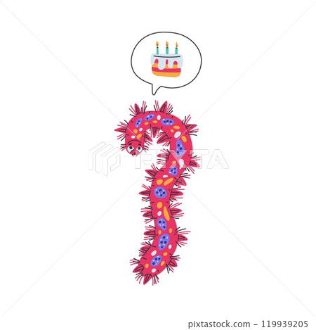 Cartoon pink caterpillar dreams of a birthday cake with candles, vector cute worm insect holiday doodle style drawn Cartoon pink caterpillar dreams of a birthday cake with candles, vector cute worm insect holiday doodle style drawn 119939205