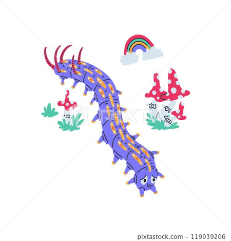 Vector illustration of a sad purple caterpillar crawling between fly agarics and a rainbow. 119939206