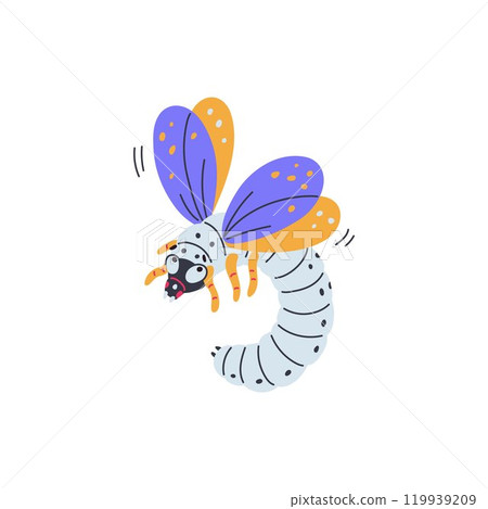 Cartoon white caterpillar with wings vector icon, worm turns into a butterfly doodle style drawn, insect wildlife fauna Cartoon white caterpillar with wings vector icon, worm turns into a butterfly doodle style drawn, insect wildlife fauna 119939209