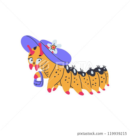 Cartoon pretty yellow caterpillar with fashion bag and hat decorated with flower, cute worm insect doodle style drawn Cartoon pretty yellow caterpillar with fashion bag and hat decorated with flower, cute worm insect doodle style drawn 119939215
