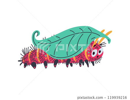 Cartoon hairy caterpillar scared under the leaf vector icon, cute bug worm insect crawling doodle drawn, surprised eyes 119939216