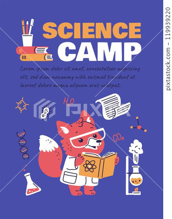 Vector image of a fox holding a chemistry book surrounded by chemical elements and formulas 119939220