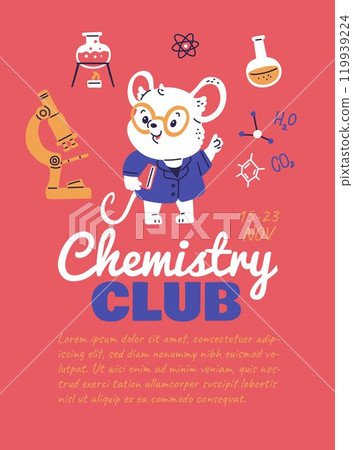 Cute mouse scientist in blue coat holds book, cartoon Chemistry club vector poster, animal rat and laboratory equipment 119939224