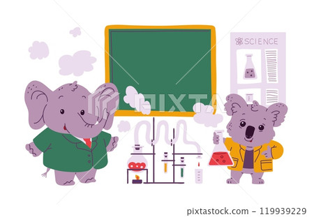 Cute elephant and koala scientist with tubes of chemicals and making laboratory experiment, vector cartoon animal doctor 119939229