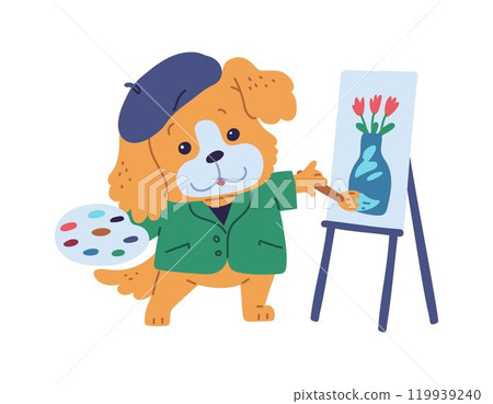 Vector illustration with the image of a kawaii dog as an artist. 119939240