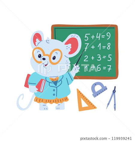 Charming illustration with a mouse of a teacher who demonstrates addition in a math lesson 119939241