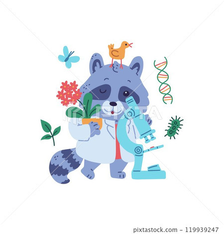 Cute racoon scientist with microscope, vector cartoon animal in white coat laboratory biotechnology scientist, molecule 119939247
