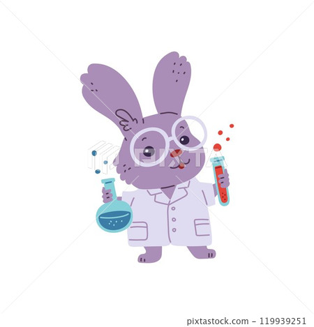Cute hare scientist holds lab tubes of chemicals, vector cartoon rabbit in glasses and white coat laboratory animal 119939251
