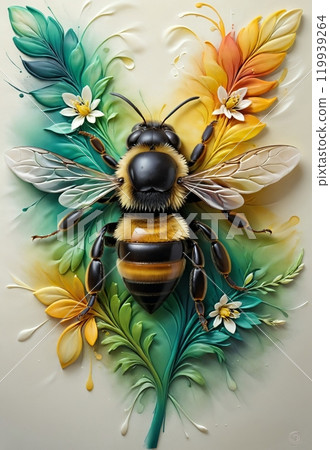 bee on a beautiful flower, 3D image 119939264