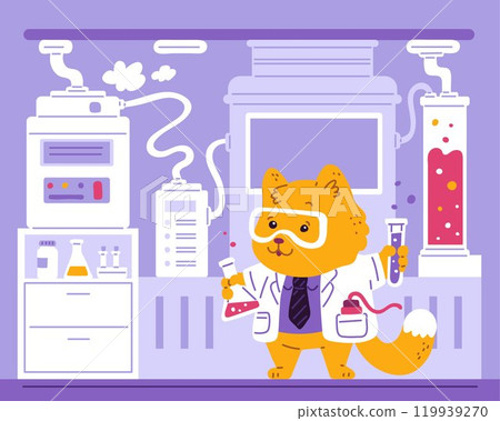 Cute cat scientist holds tubes of chemicals and making experiment in scientific laboratory, cartoon vector animal doctor 119939270