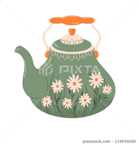 Charming green teapot with floral design in flat style. Perfect for kitchen decor and tea related design, print, card and cafe. Chamomile, daisy. Charming green teapot with floral design in flat style. Perfect for kitchen decor and tea related design, print, card and cafe. Chamomile, daisy. 119939280