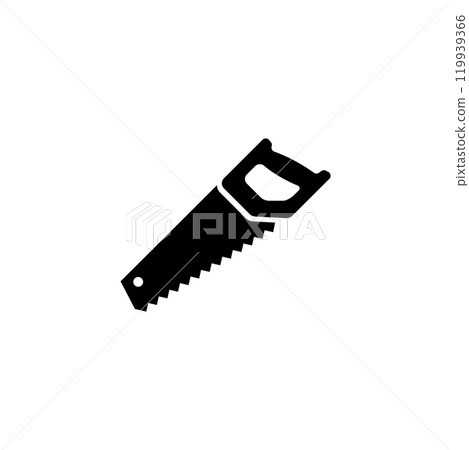 Black silhouette of a hand saw, a vector icon representing carpentry and woodworking 119939366